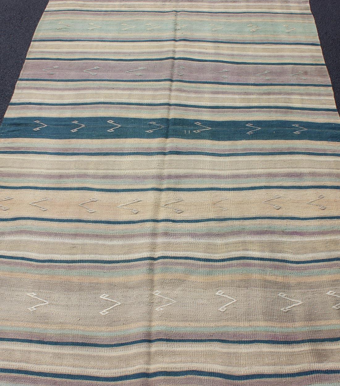 Turkish Vintage Flat-Weave Kilim with Striped Design and Tribal Motifs For Sale 1