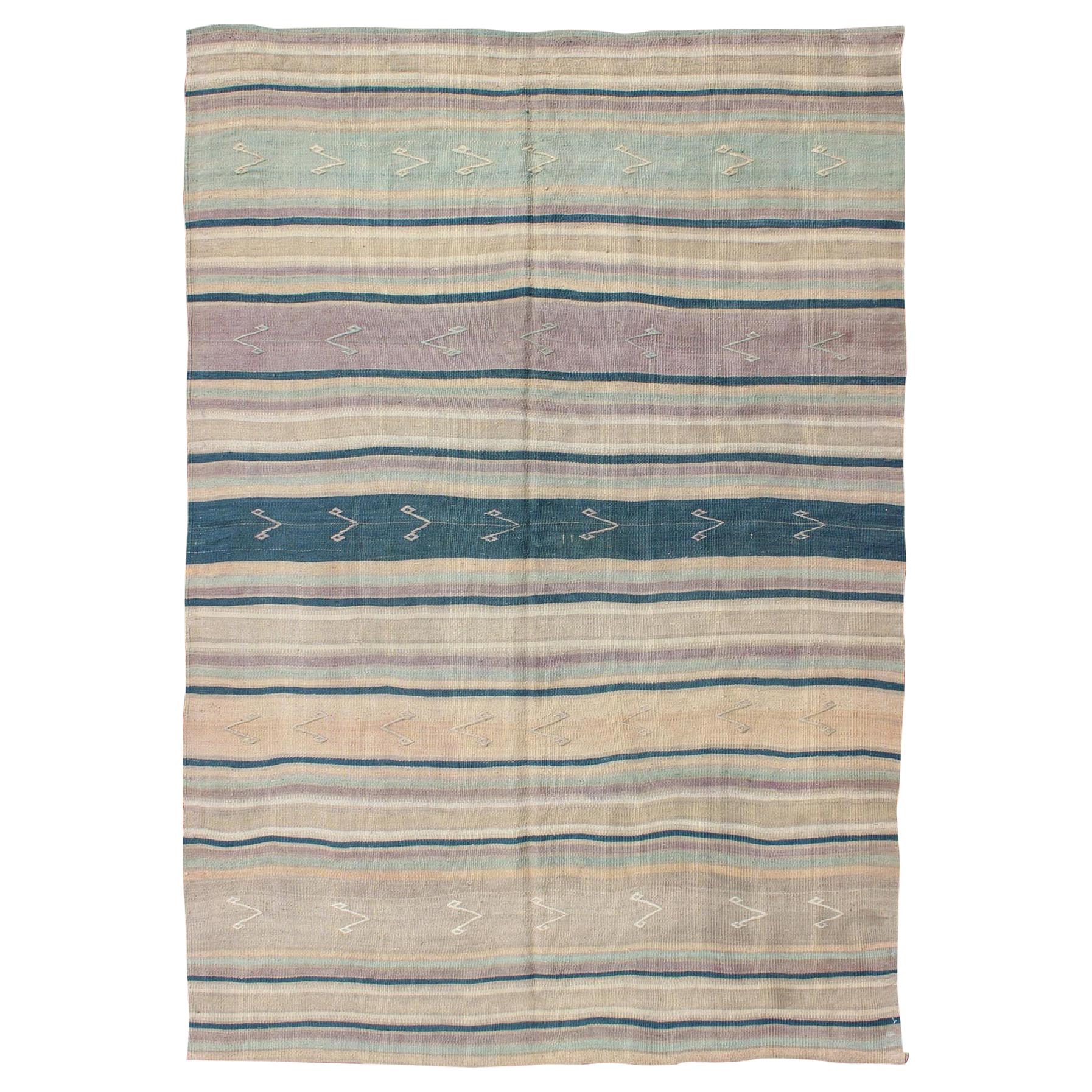 Turkish Vintage Flat-Weave Kilim with Striped Design and Tribal Motifs