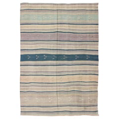 Turkish Vintage Flat-Weave Kilim with Striped Design and Tribal Motifs