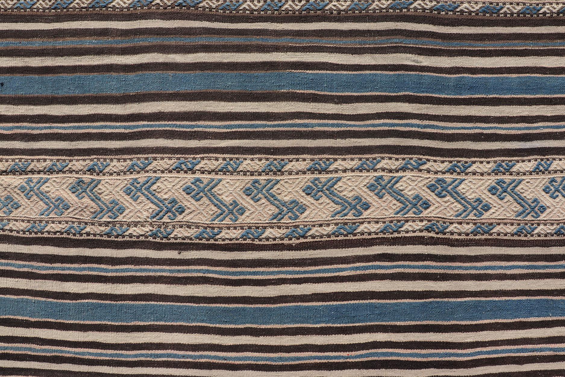 Turkish Vintage Flat-Weave with Striped Design and Tribal Motifs in Blue & Brown For Sale 2