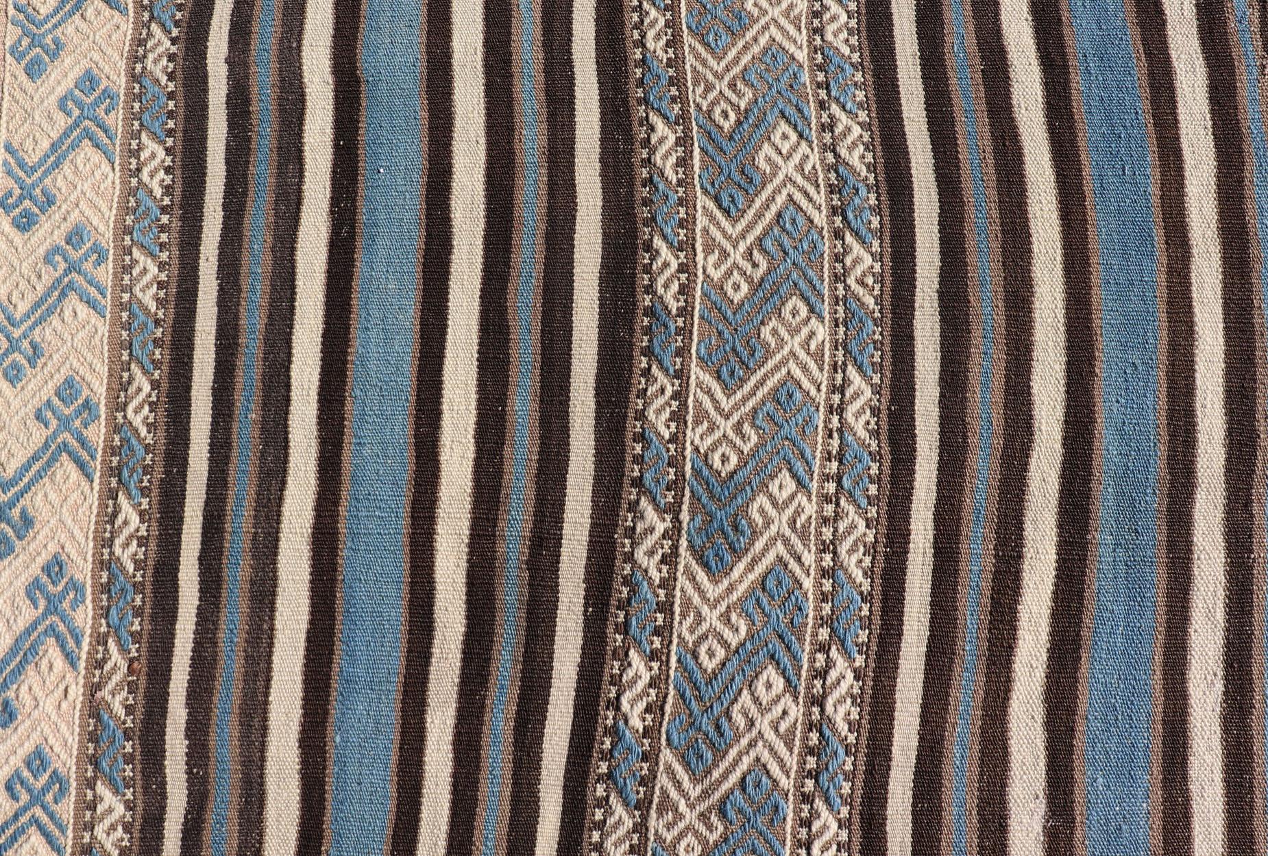 Turkish Vintage Flat-Weave with Striped Design and Tribal Motifs in Blue & Brown For Sale 3