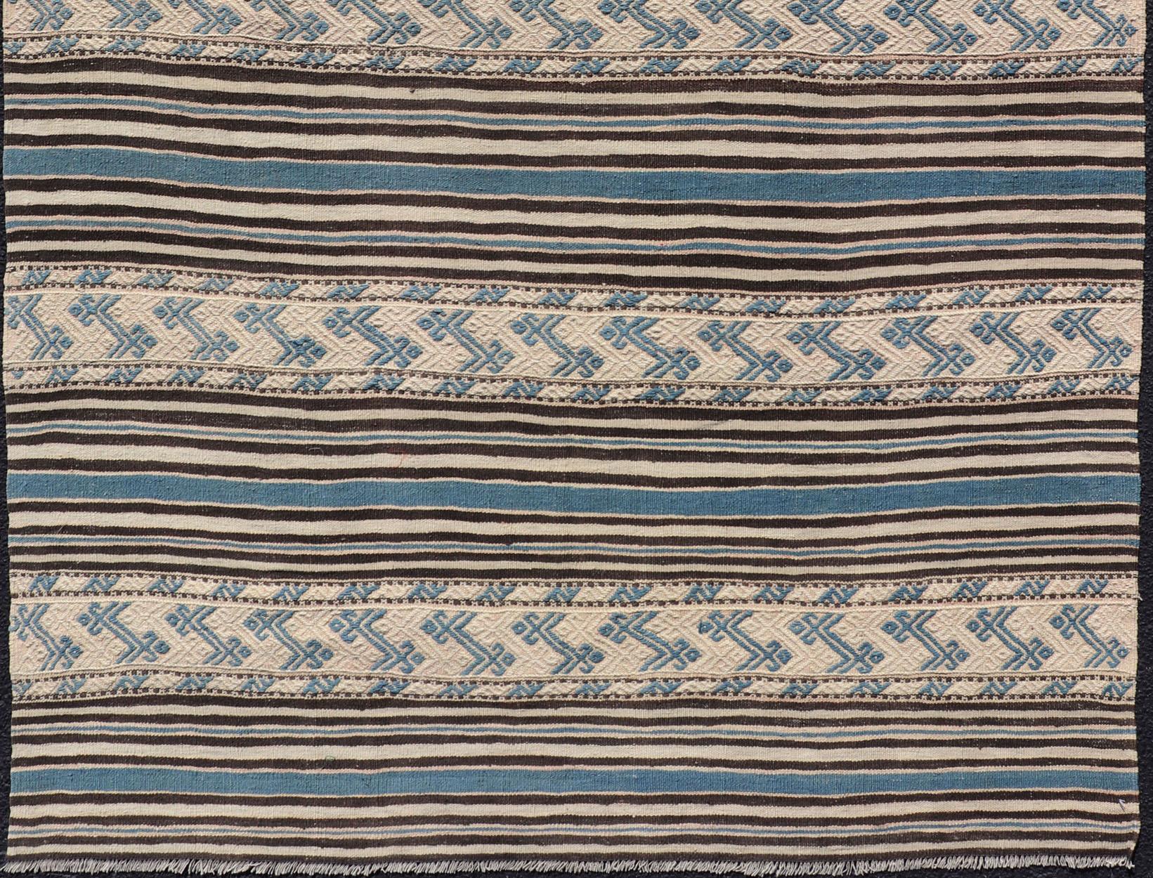 Kilim Turkish Vintage Flat-Weave with Striped Design and Tribal Motifs in Blue & Brown For Sale