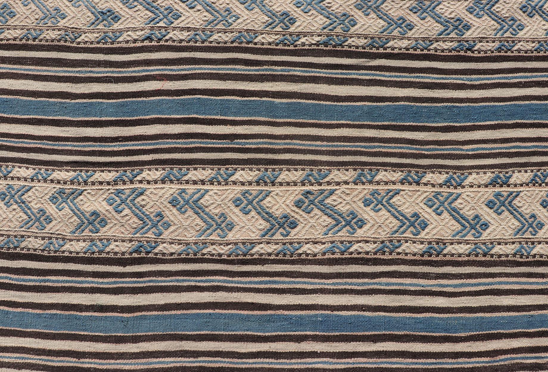Hand-Knotted Turkish Vintage Flat-Weave with Striped Design and Tribal Motifs in Blue & Brown For Sale