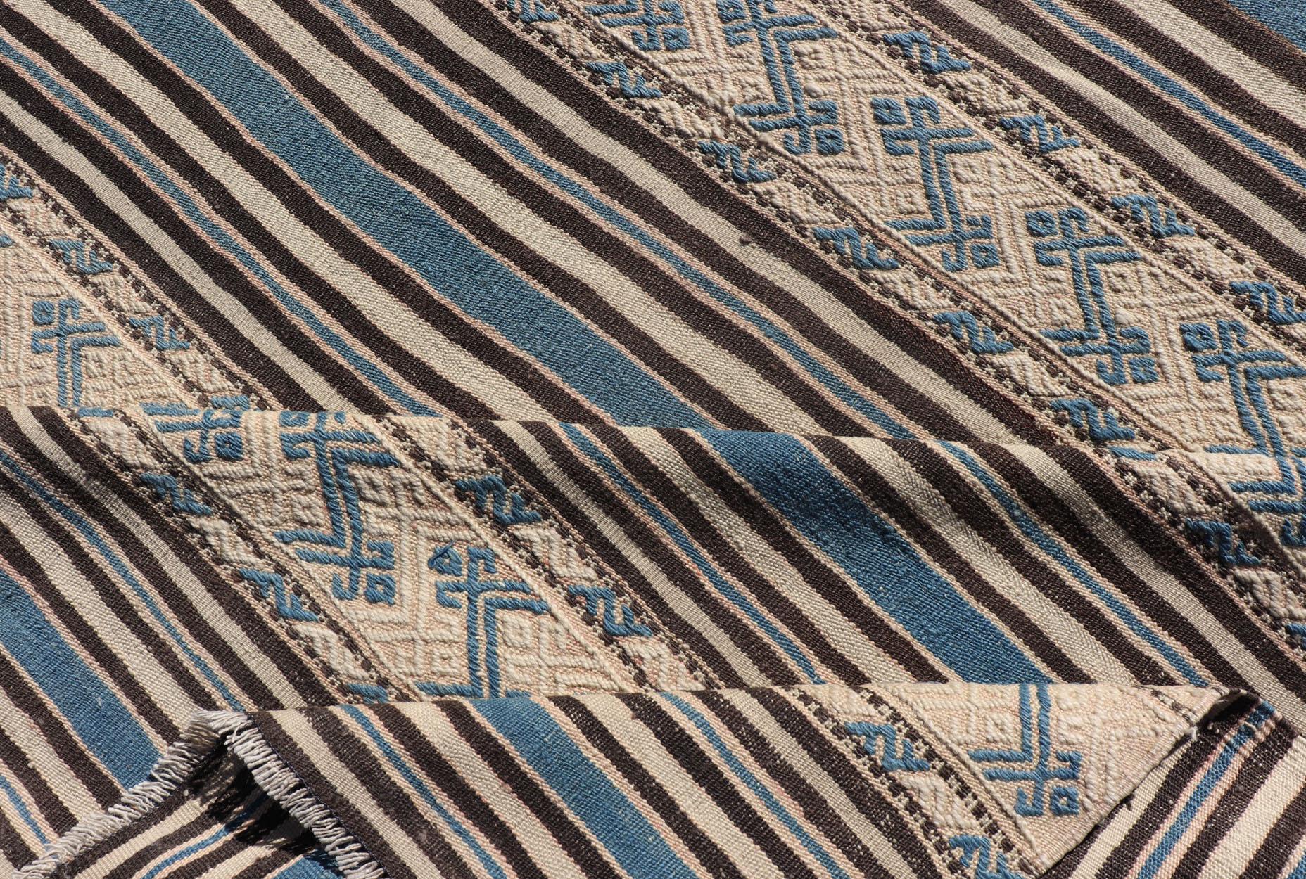 20th Century Turkish Vintage Flat-Weave with Striped Design and Tribal Motifs in Blue & Brown For Sale
