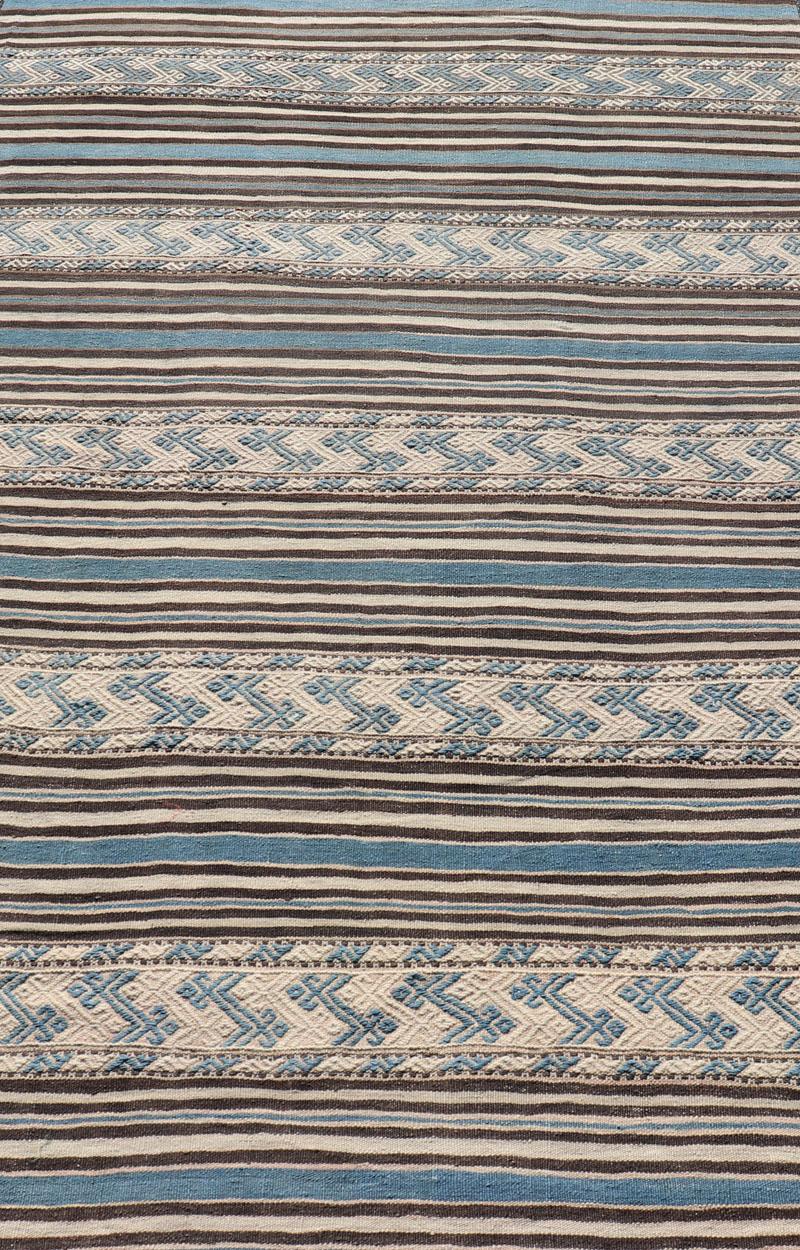 Wool Turkish Vintage Flat-Weave with Striped Design and Tribal Motifs in Blue & Brown For Sale