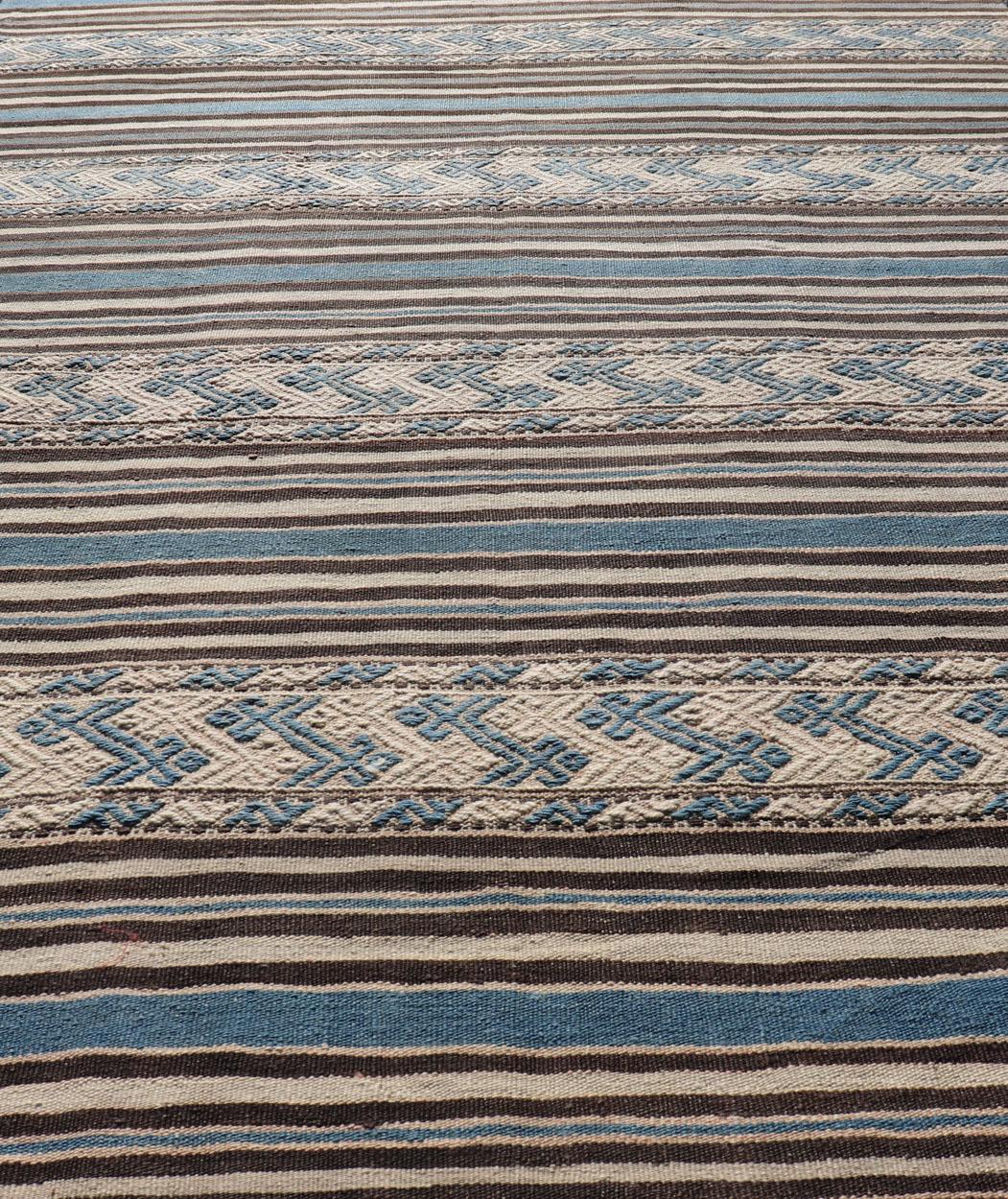 Turkish Vintage Flat-Weave with Striped Design and Tribal Motifs in Blue & Brown For Sale 1