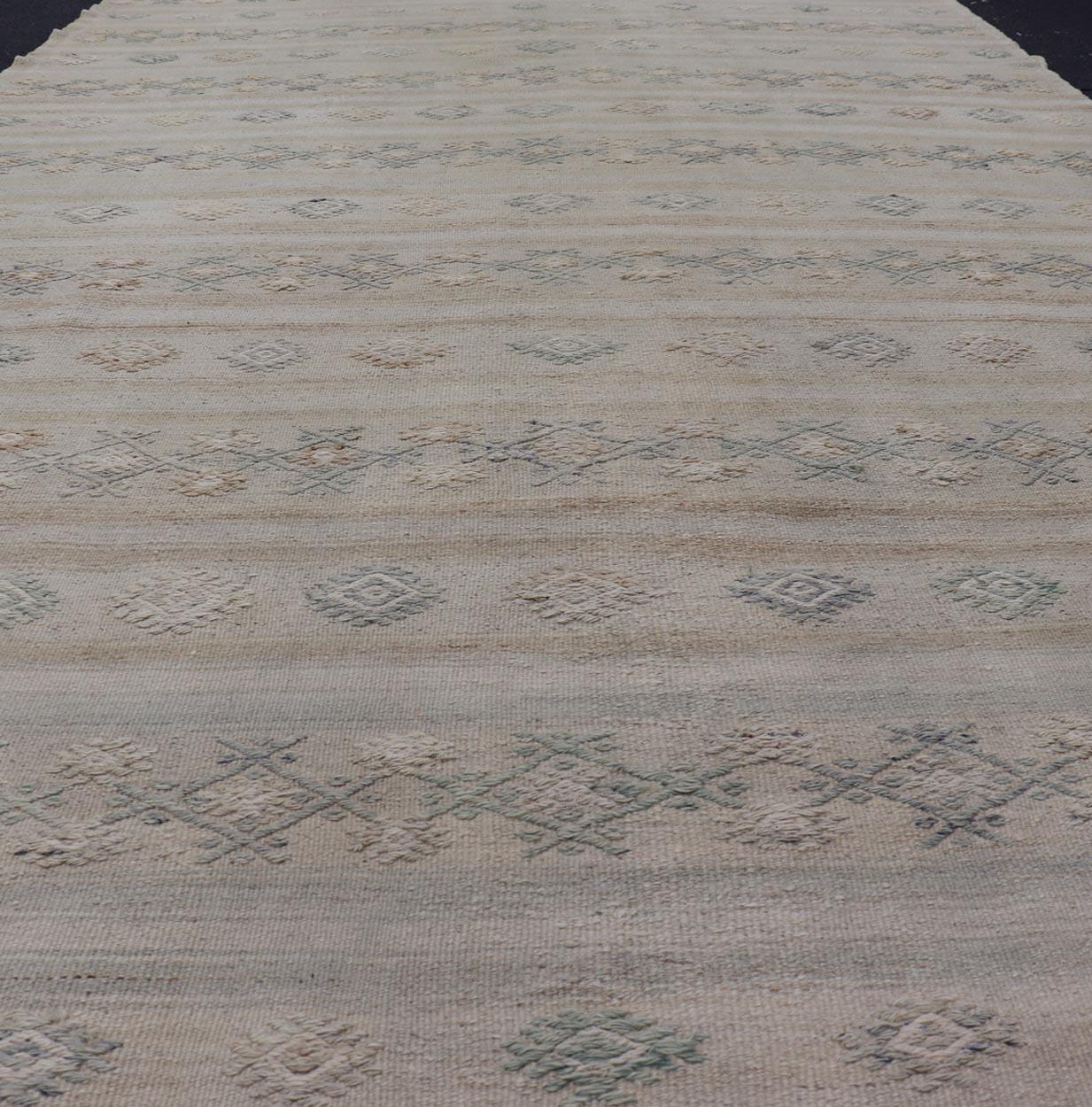 Turkish Vintage Gallery Flat-Weave Kilim With Stripes and Embroideries For Sale 4
