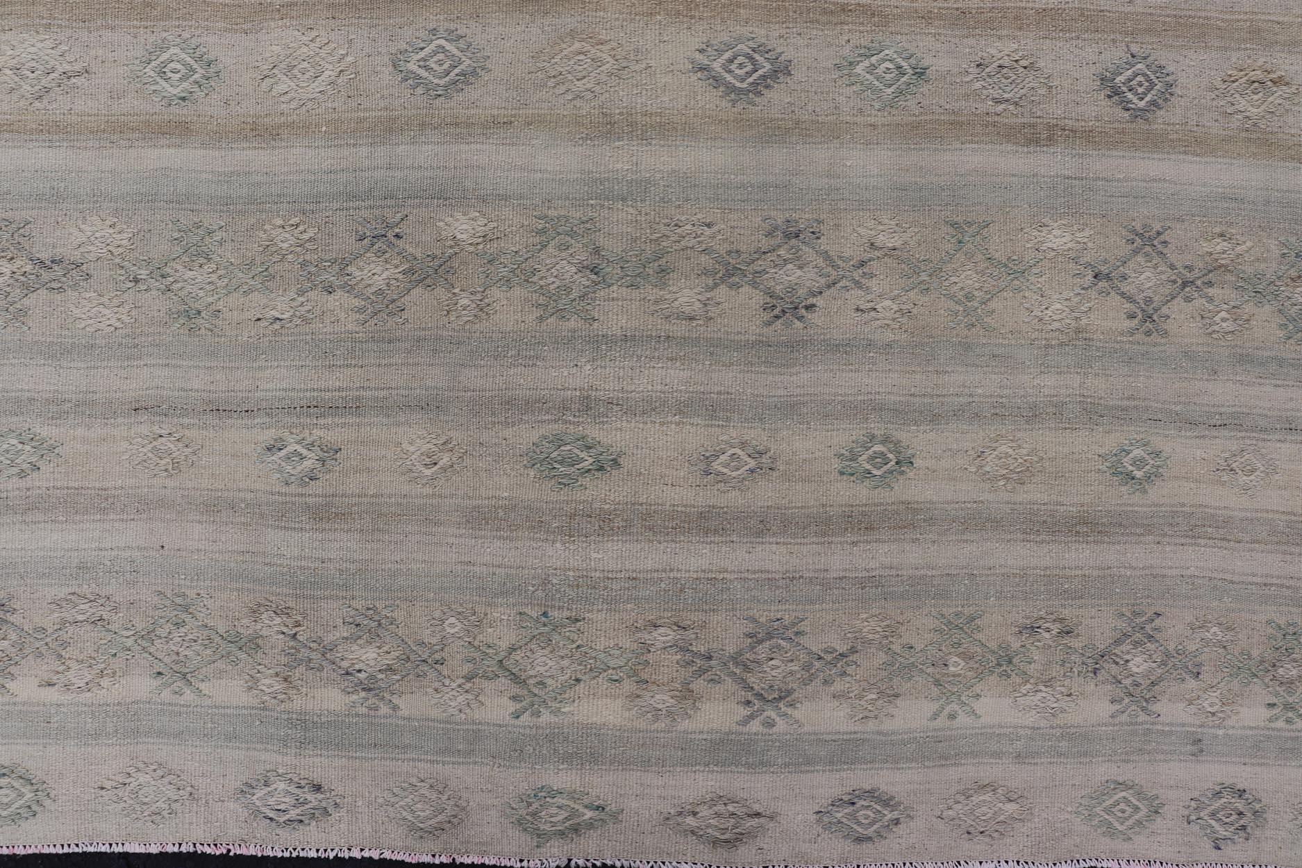 Hand-Knotted Turkish Vintage Gallery Flat-Weave Kilim With Stripes and Embroideries For Sale