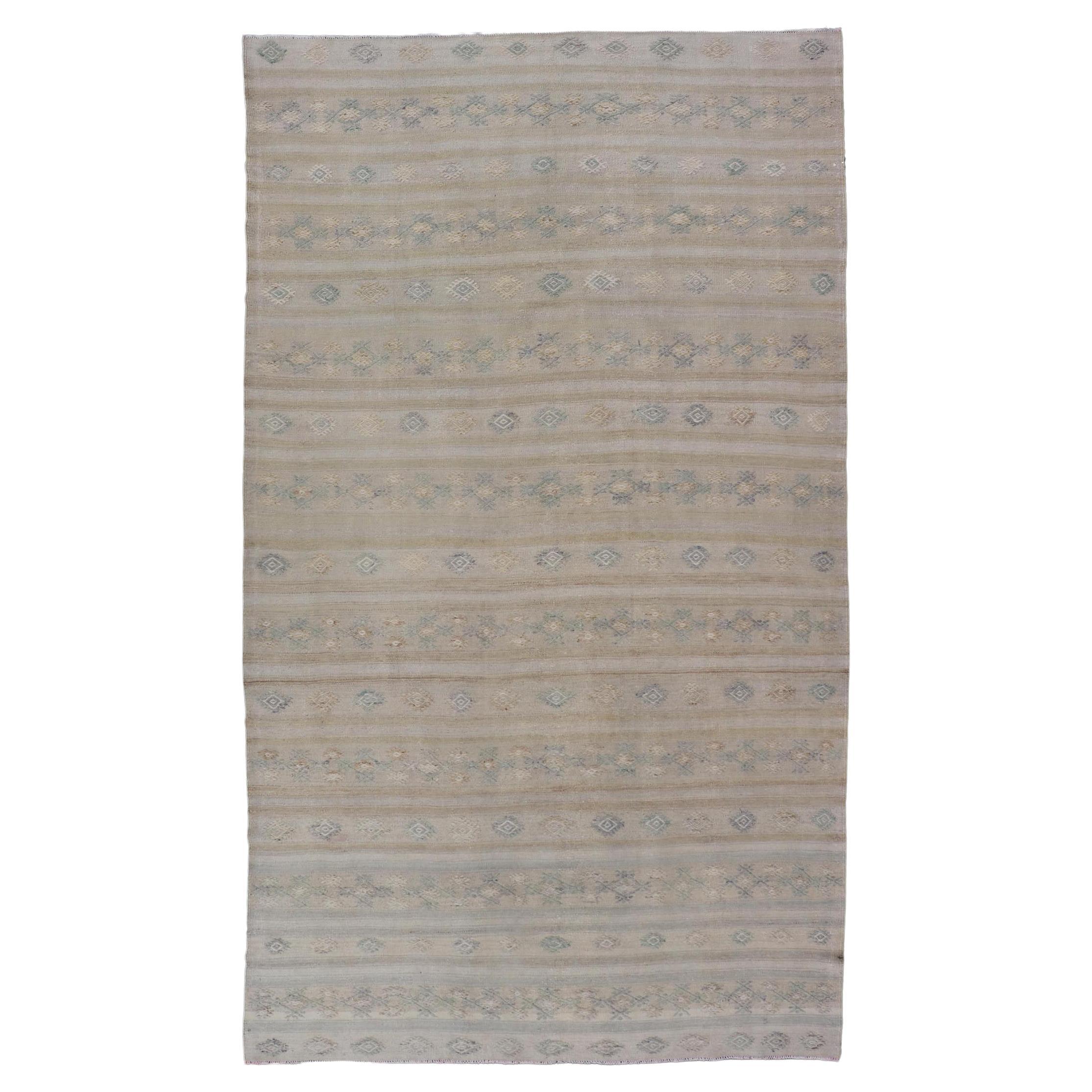Turkish Vintage Gallery Flat-Weave Kilim With Stripes and Embroideries For Sale