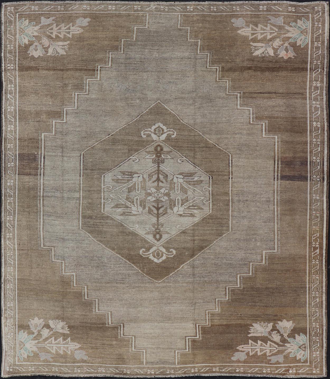  Turkish Vintage Kars Rug in Brown Background With Gray and Hints of Green  For Sale