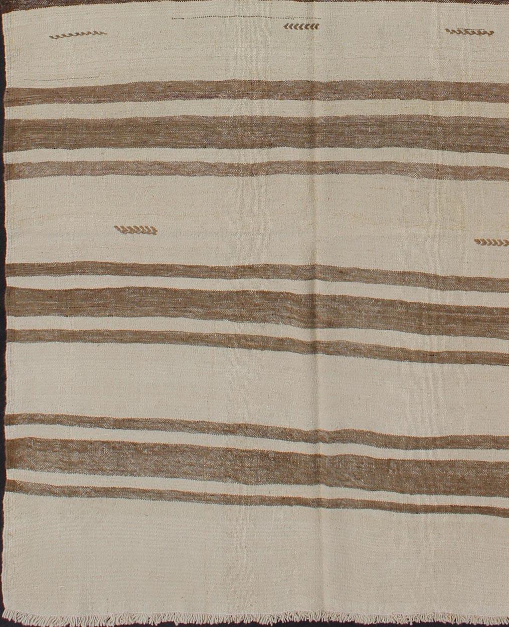 Hand-Woven Turkish Vintage Kilim Flat-Weave Rug in Brown and Cream with Stripe Design For Sale