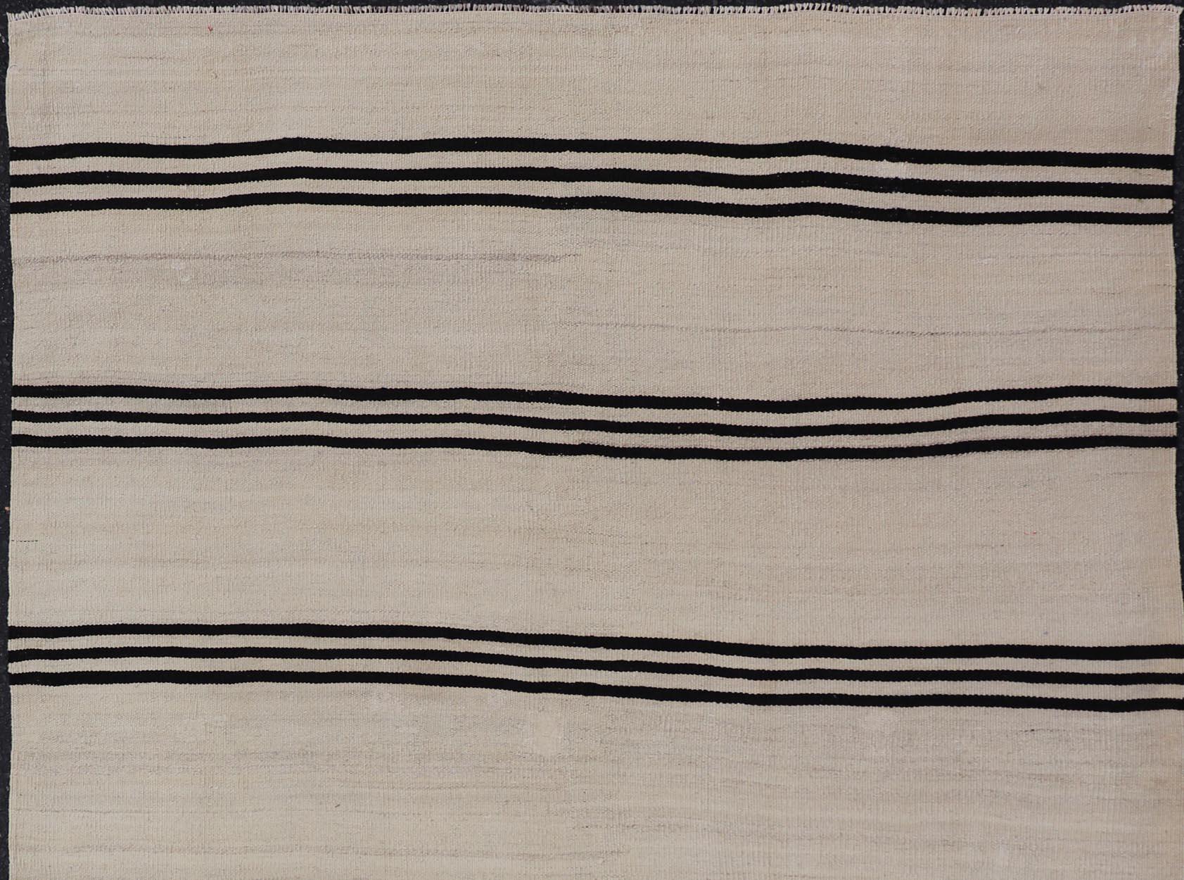 Hand-Woven Turkish Vintage Kilim Flat-Weave Rug in Brown and Cream with Stripe Design