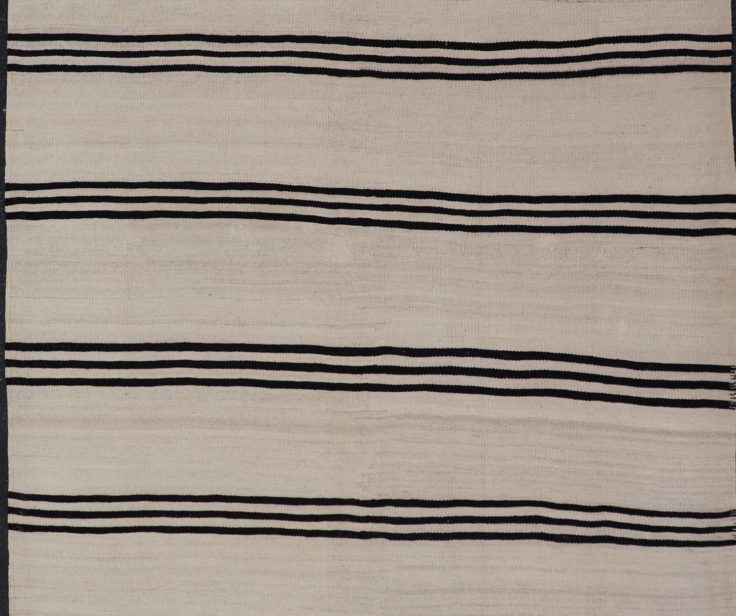 Turkish Vintage Kilim Flat-Weave Rug in Brown and Cream with Stripe Design In Good Condition In Atlanta, GA
