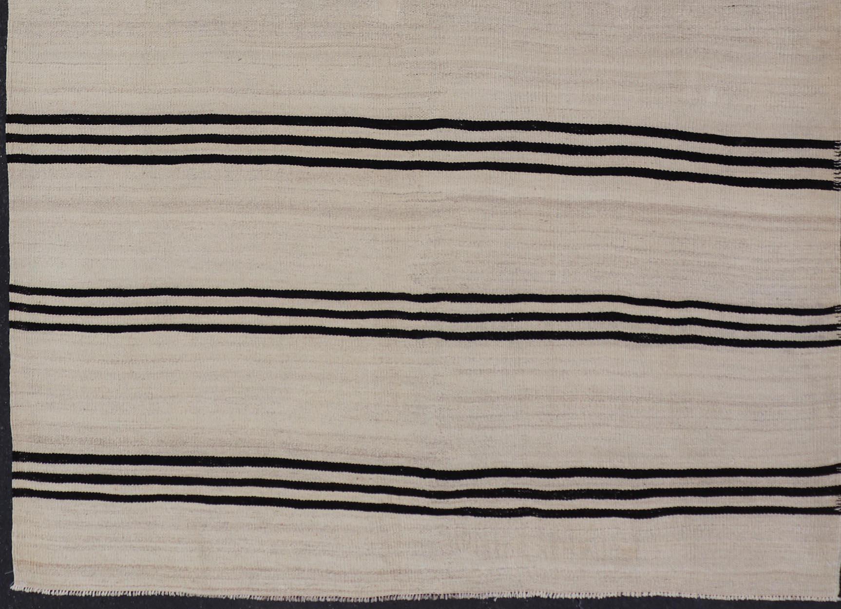 20th Century Turkish Vintage Kilim Flat-Weave Rug in Brown and Cream with Stripe Design