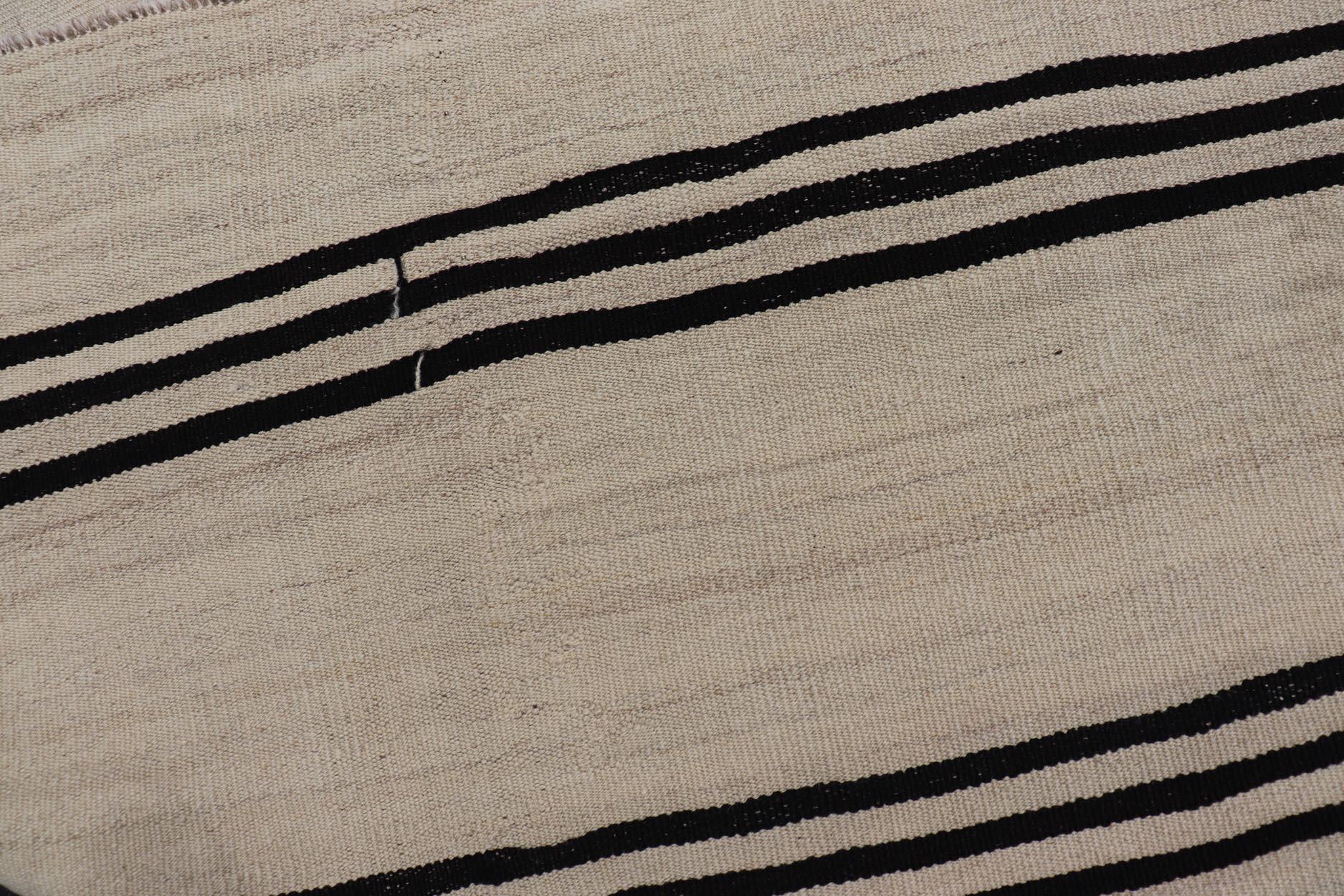 Wool Turkish Vintage Kilim Flat-Weave Rug in Brown and Cream with Stripe Design