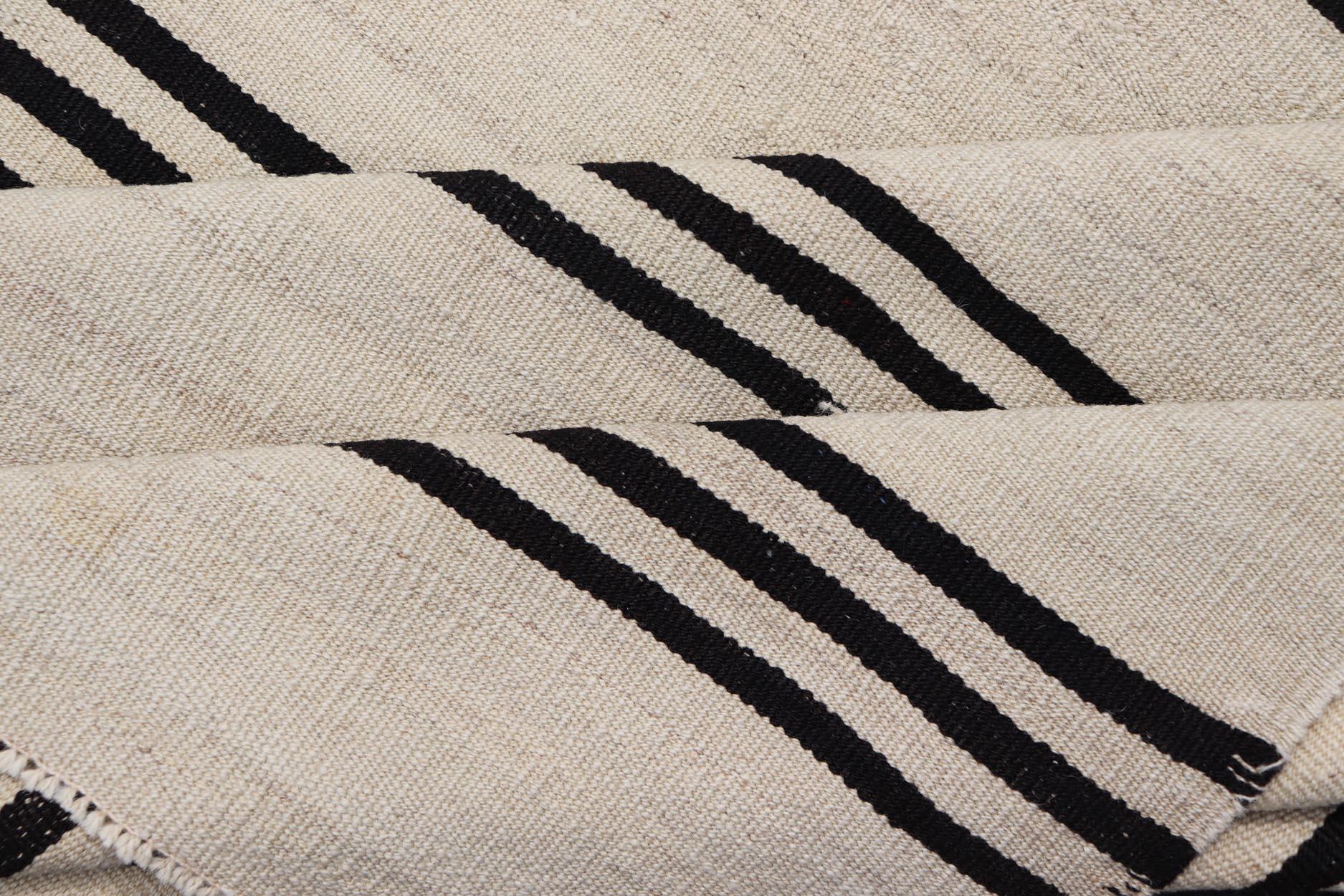 Turkish Vintage Kilim Flat-Weave Rug in Brown and Cream with Stripe Design 1