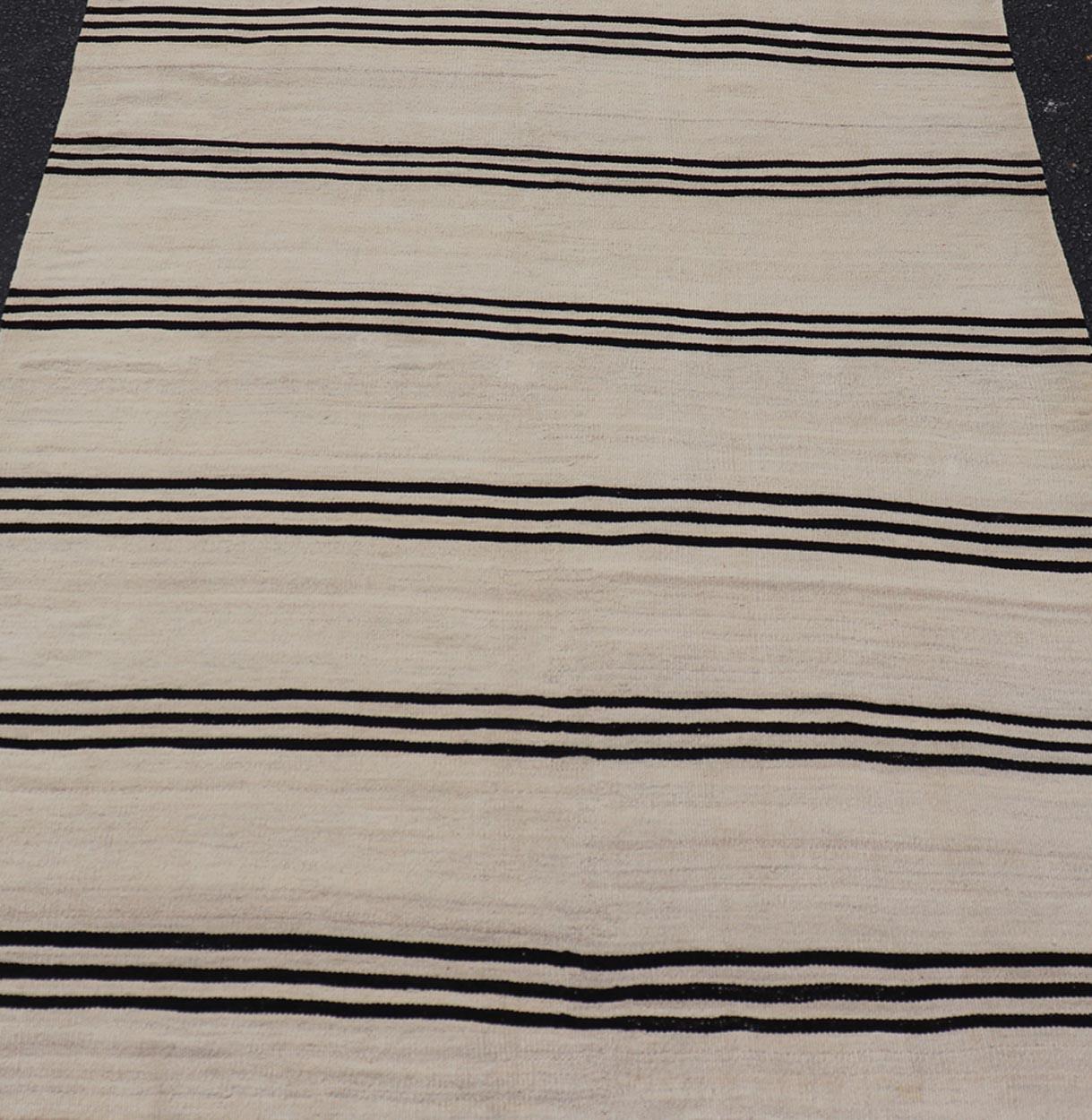 Turkish Vintage Kilim Flat-Weave Rug in Brown and Cream with Stripe Design 2