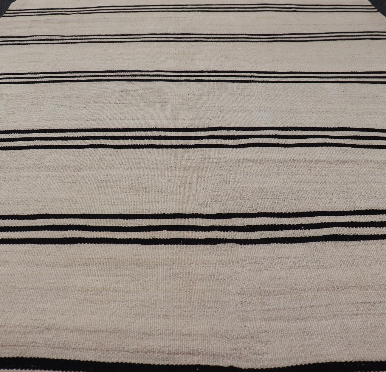 Turkish Vintage Kilim Flat-Weave Rug in Brown and Cream with Stripe Design 3