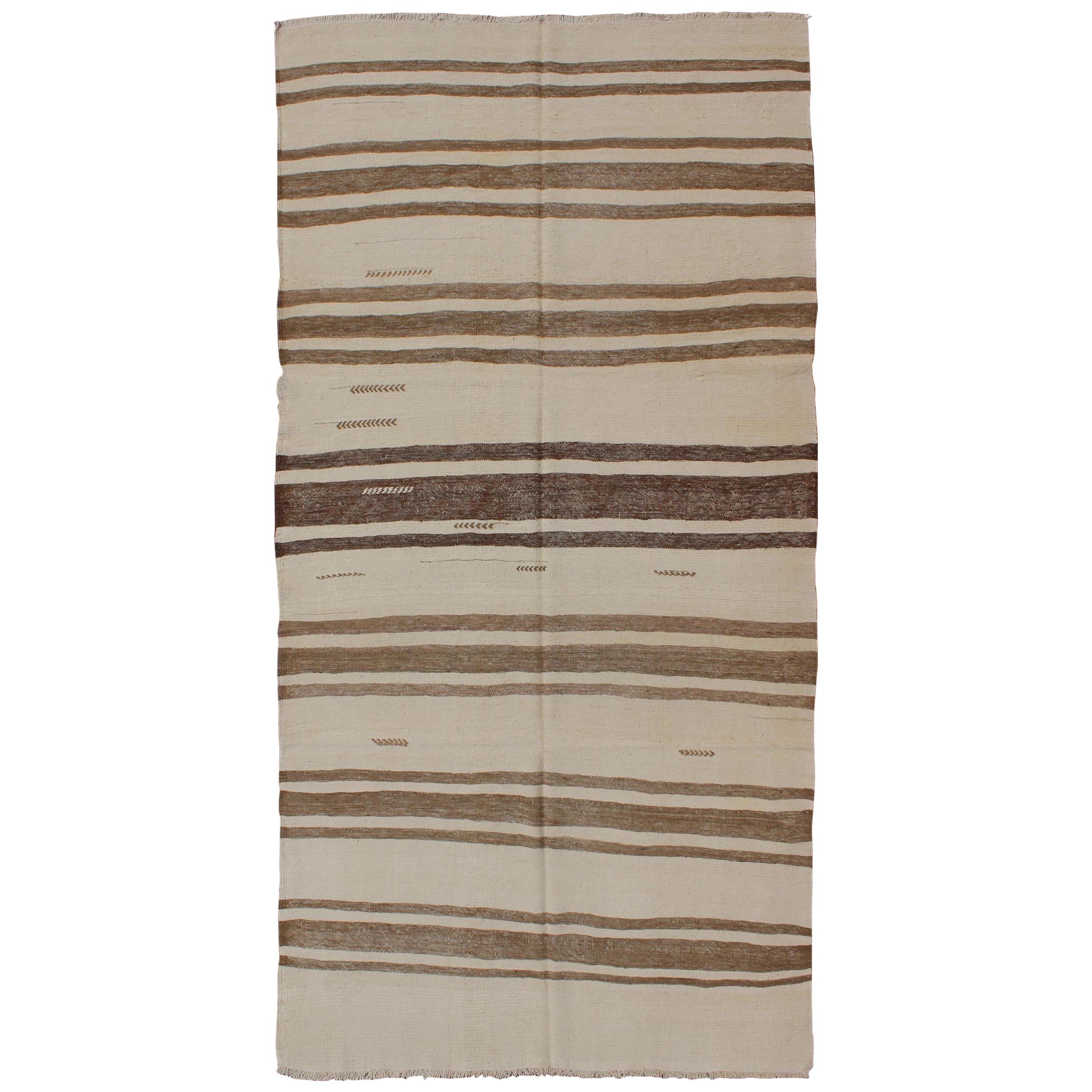 Turkish Vintage Kilim Flat-Weave Rug in Brown and Cream with Stripe Design