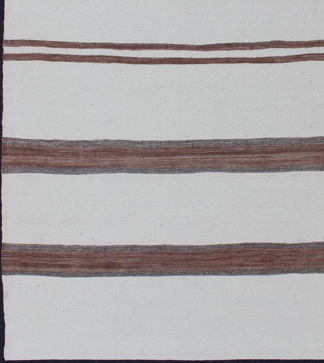 Turkish Vintage Kilim Flat-Weave Rug in Off White, Brown with Stripe Design For Sale 4