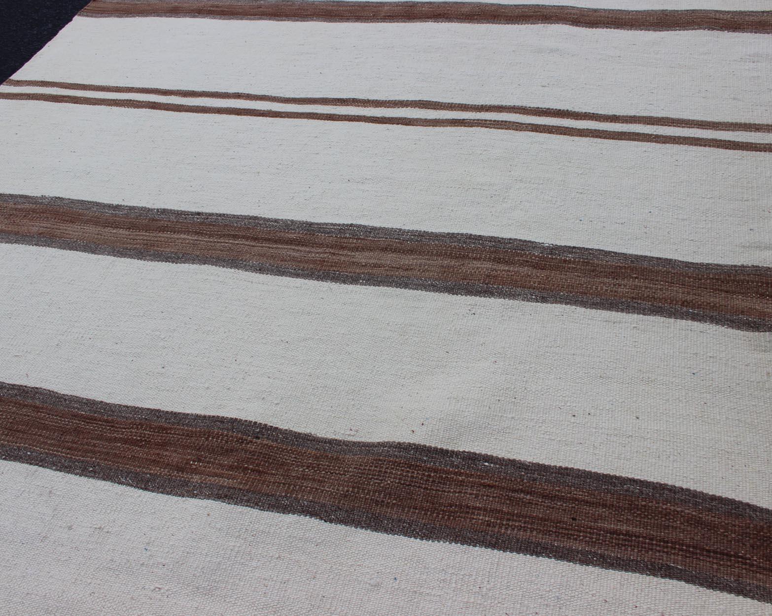 Hand-Woven Turkish Vintage Kilim Flat-Weave Rug in Off White, Brown with Stripe Design For Sale