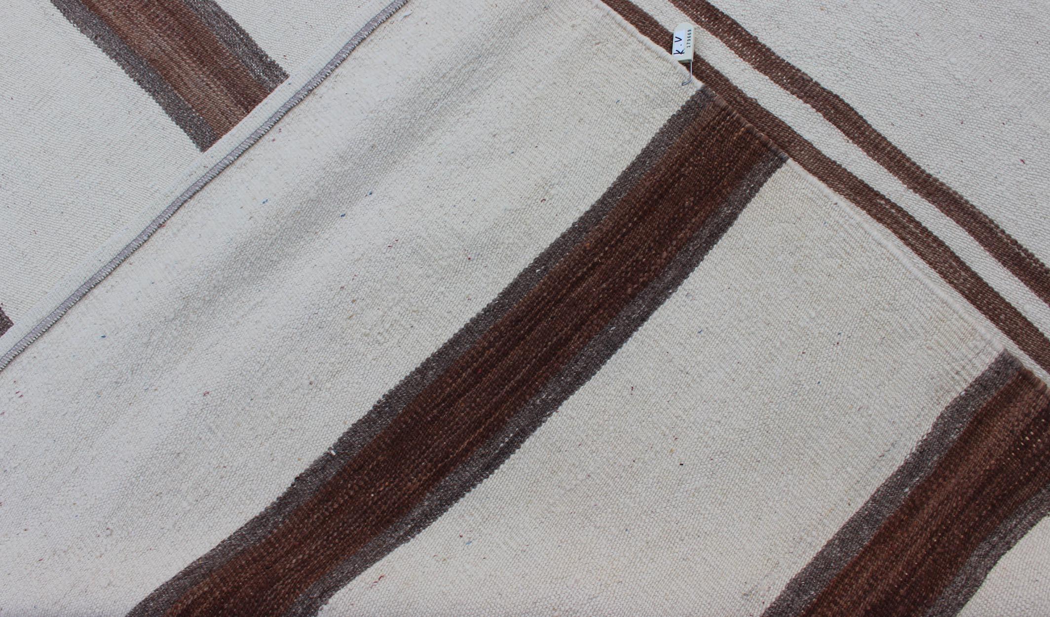 Turkish Vintage Kilim Flat-Weave Rug in Off White, Brown with Stripe Design For Sale 3