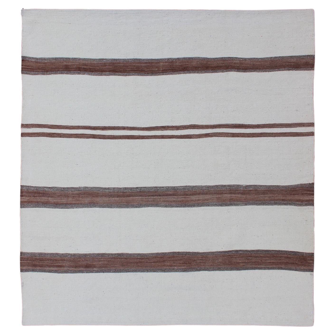 Turkish Vintage Kilim Flat-Weave Rug in Off White, Brown with Stripe Design For Sale
