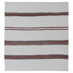 Turkish Vintage Kilim Flat-Weave Rug in Off White, Brown with Stripe Design