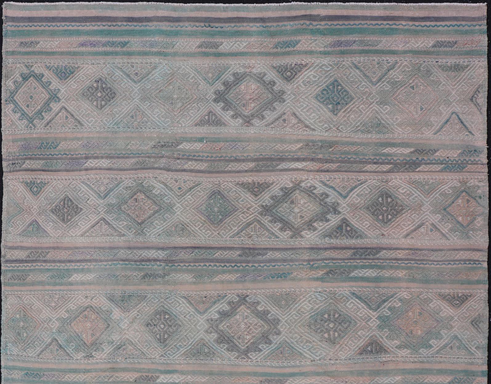Hand-Woven Turkish Vintage Kilim Flat-Weave with Embroideries Kilim in Pastel Color For Sale