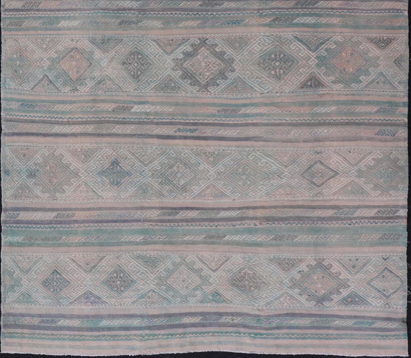 20th Century Turkish Vintage Kilim Flat-Weave with Embroideries Kilim in Pastel Color For Sale