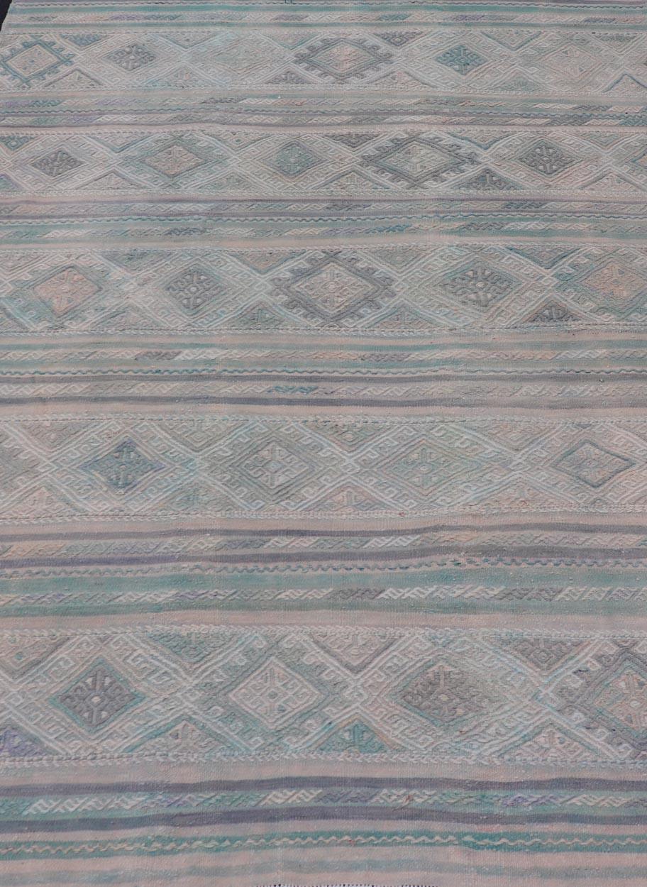 Turkish Vintage Kilim Flat-Weave with Embroideries Kilim in Pastel Color For Sale 2