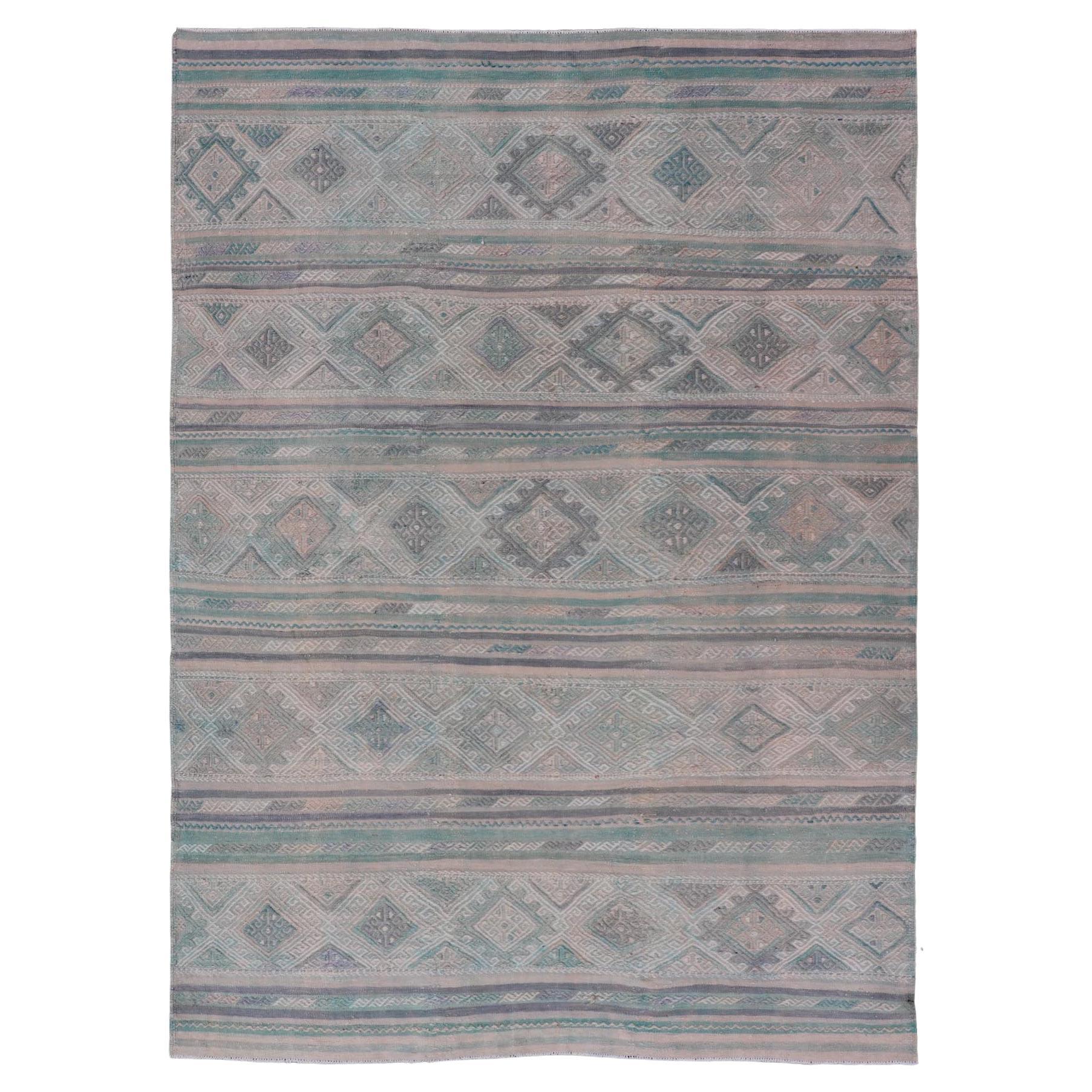 Turkish Vintage Kilim Flat-Weave with Embroideries Kilim in Pastel Color For Sale