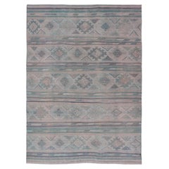 Turkish Vintage Kilim Flat-Weave with Embroideries Kilim in Pastel Color