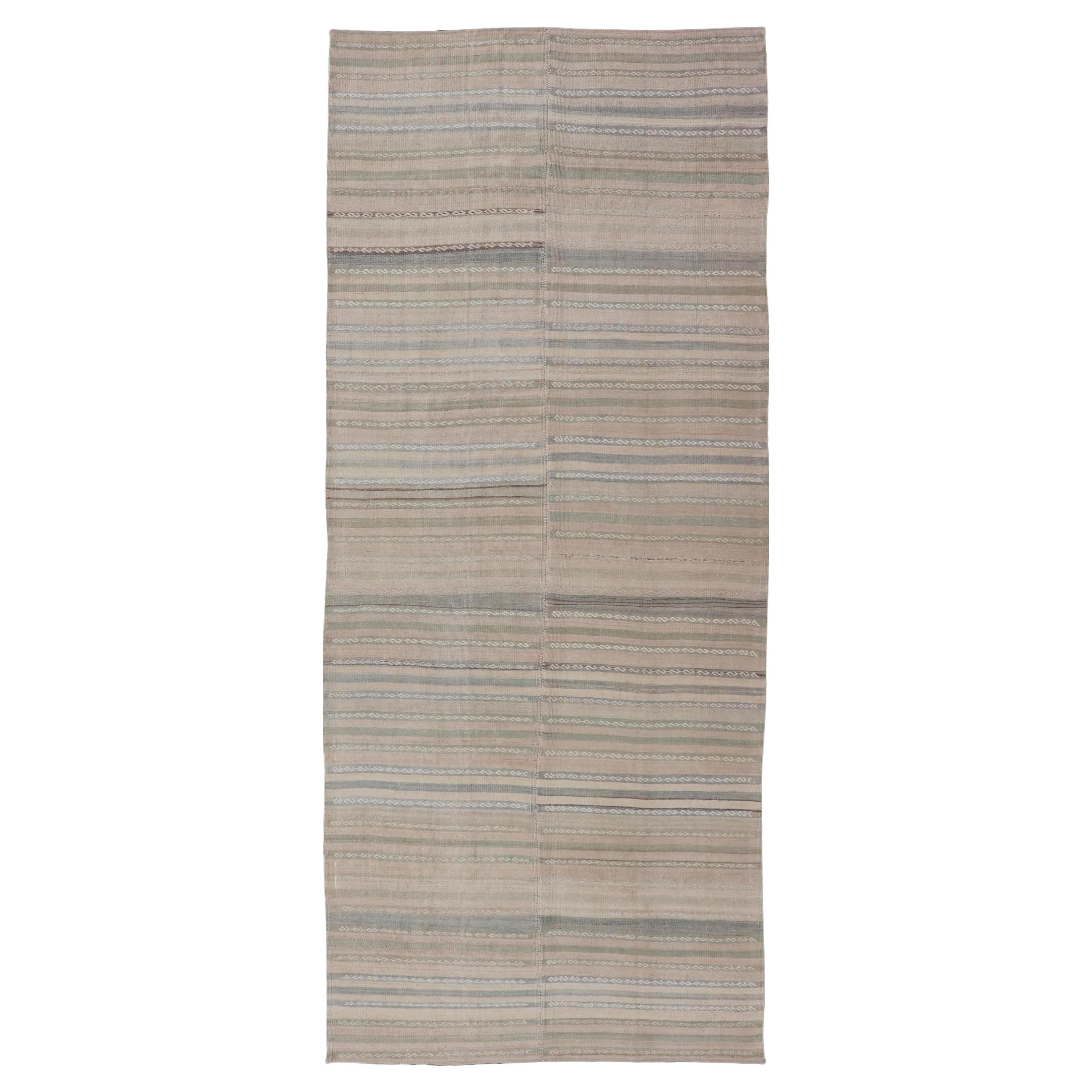 Turkish Vintage Kilim Gallery Rug With Soft Earthy Stripes 4'10 x 12'7