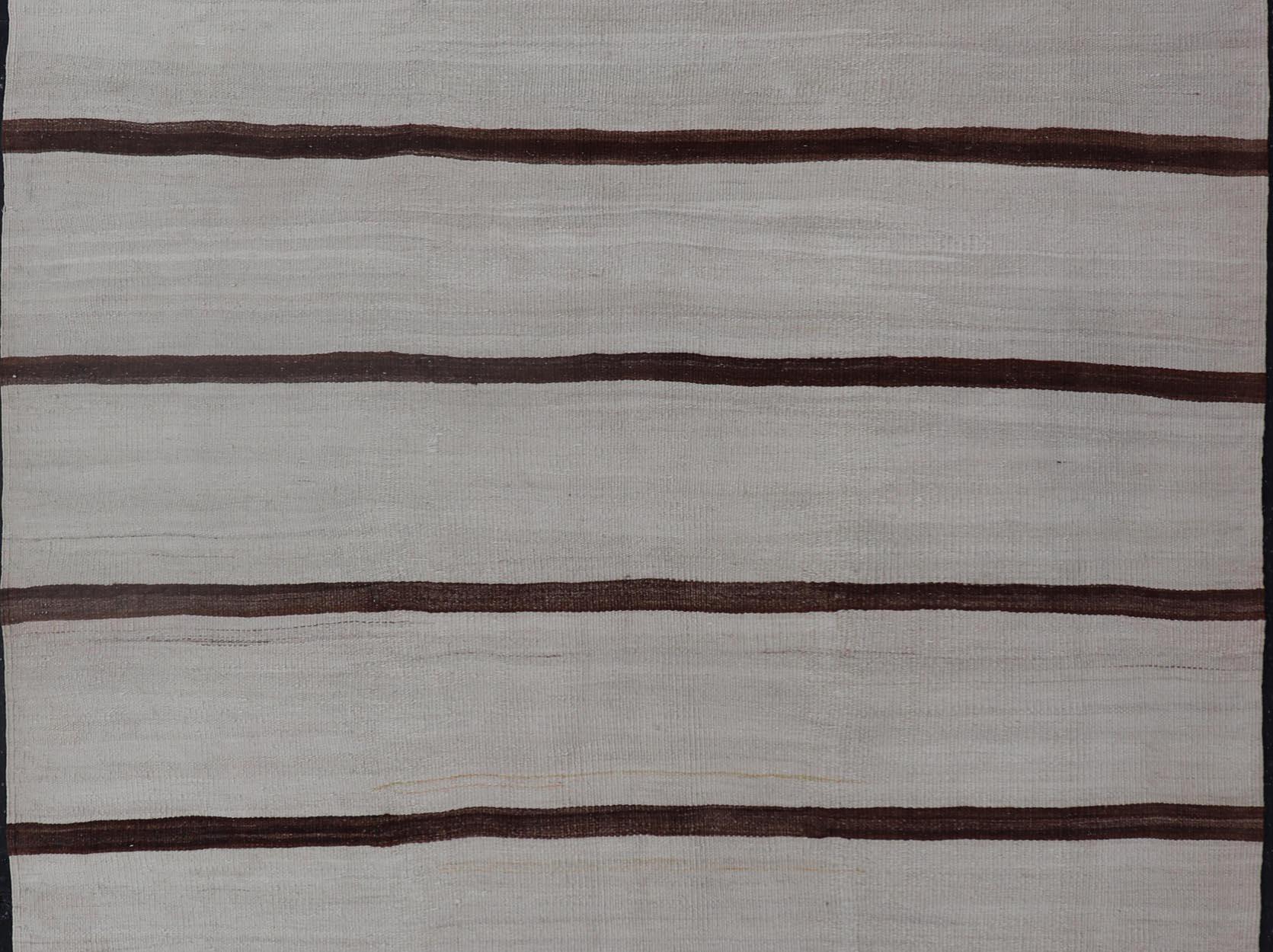 Hand-Woven Turkish Vintage Kilim in Shades of Brown and Ivory with Stripe Design For Sale