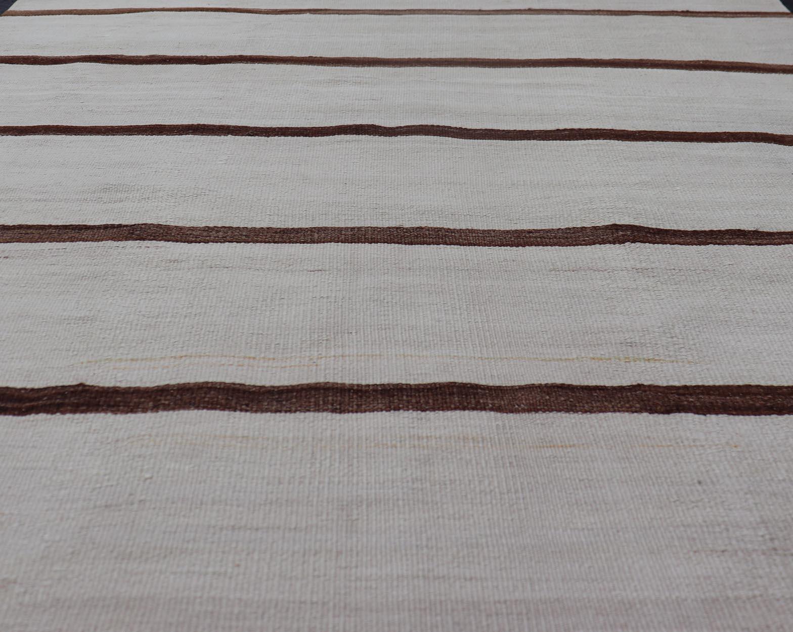 Turkish Vintage Kilim in Shades of Brown and Ivory with Stripe Design For Sale 1