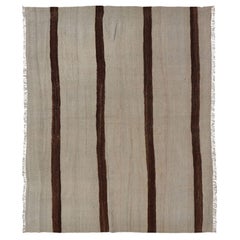 Turkish Vintage Kilim Rug Ivory Beige with Brown Stripes Wool Flatweave