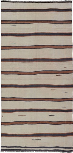 Turkish Vintage Kilim Rug Ivory Brown Striped Anatolian Flatweave Wool