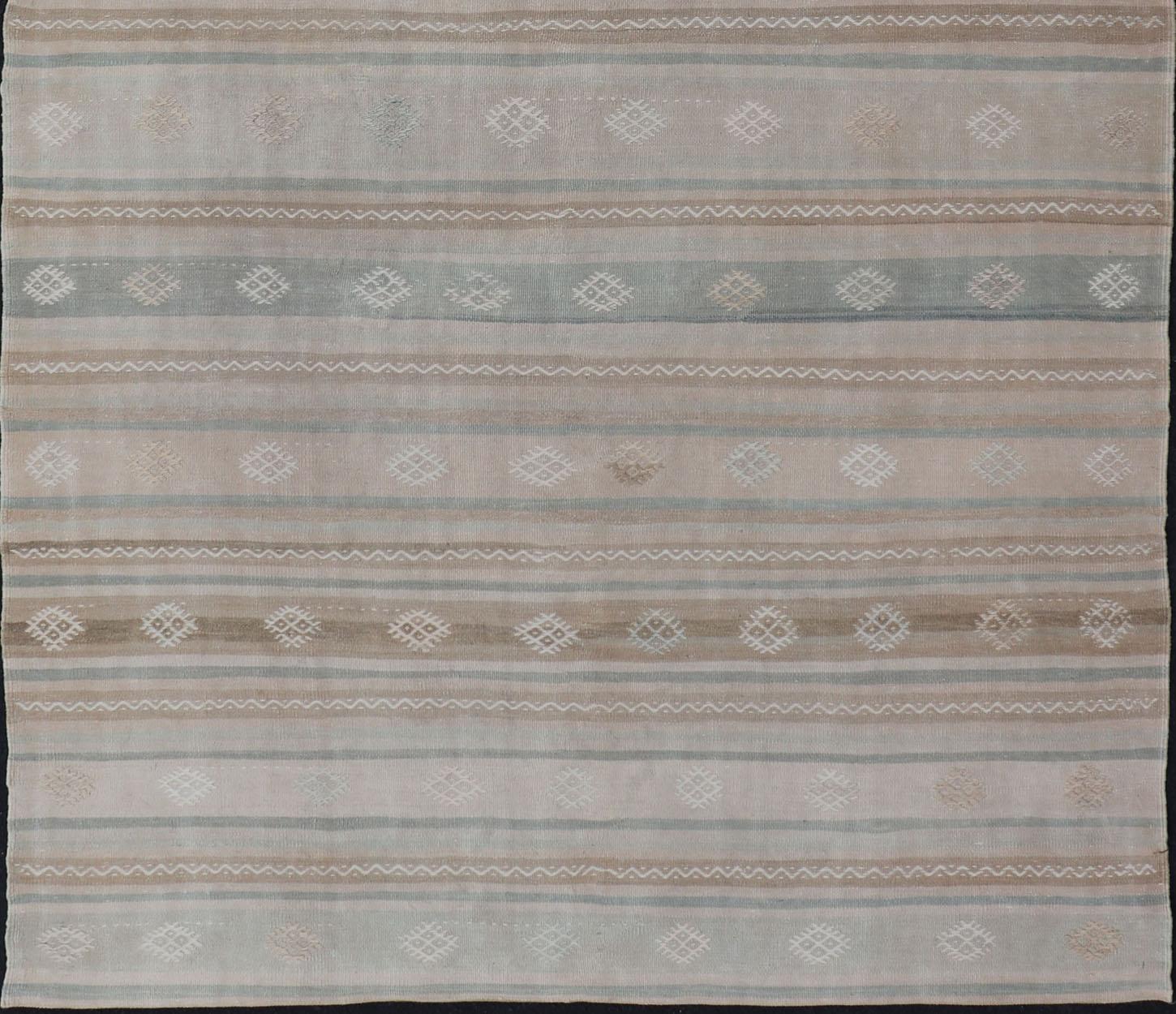 Turkish Vintage Kilim Rug with in Tan, Taupe, Brown, Gray Blue, and Earth Tones In Good Condition For Sale In Atlanta, GA