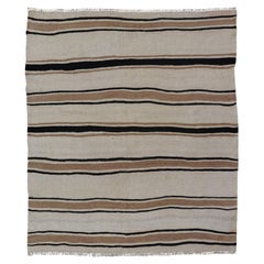 Turkish Vintage Kilim Rug with Ivory Field and Warm Brown Stripes