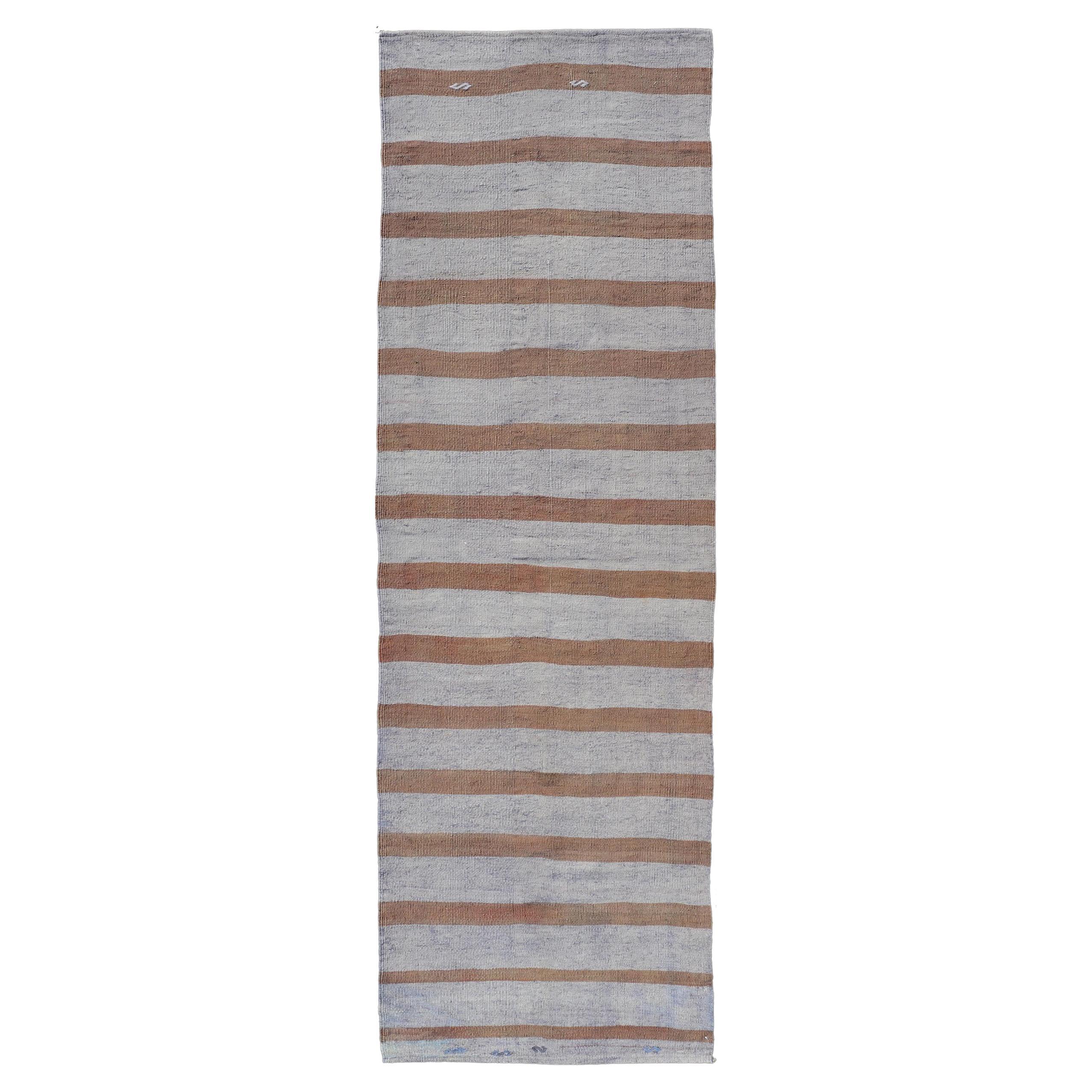 Tapis de course Kilim turc vintage à rayures grises et Brown 2'6 X 8'4