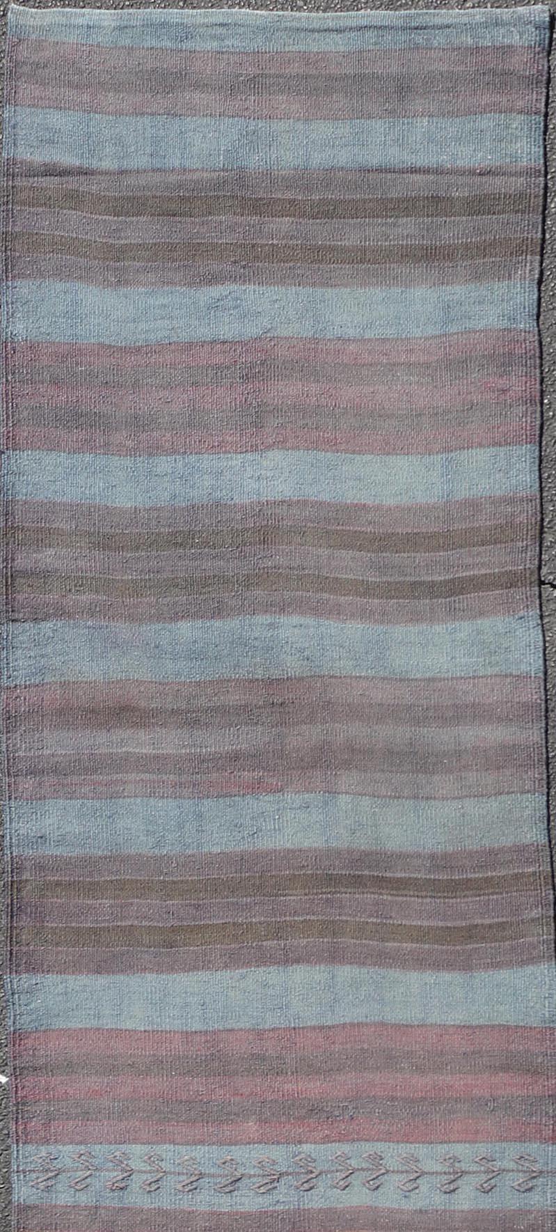Tessuto a mano Runner Kilim Vintage a strisce grigie e marroni 2'8 x 12'3 in vendita