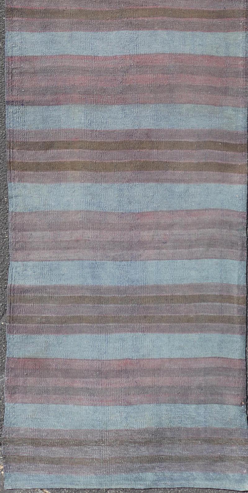 XX secolo Runner Kilim Vintage a strisce grigie e marroni 2'8 x 12'3 in vendita