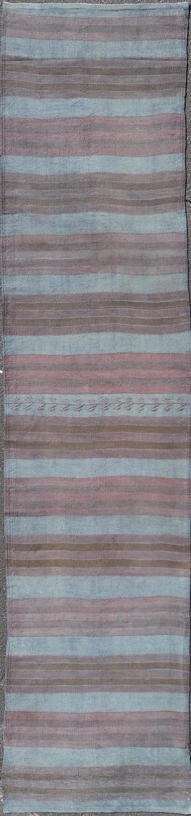 Runner Kilim Vintage a strisce grigie e marroni 2'8 x 12'3