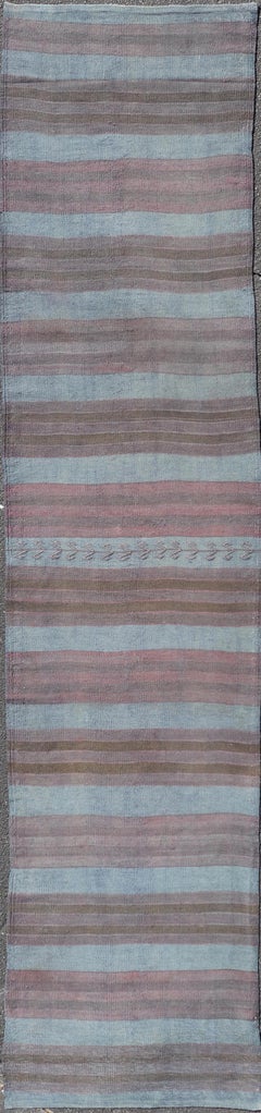 Runner Kilim Vintage a strisce grigie e marroni 2'8 x 12'3