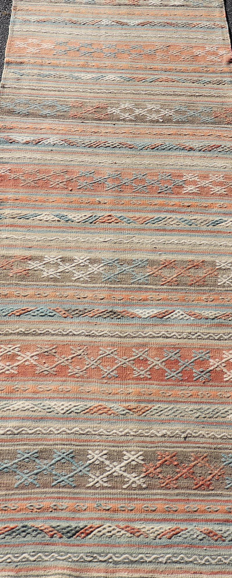 Turkish Vintage Kilim Runner with Horizontal Stripes in Bright Tones For Sale 4