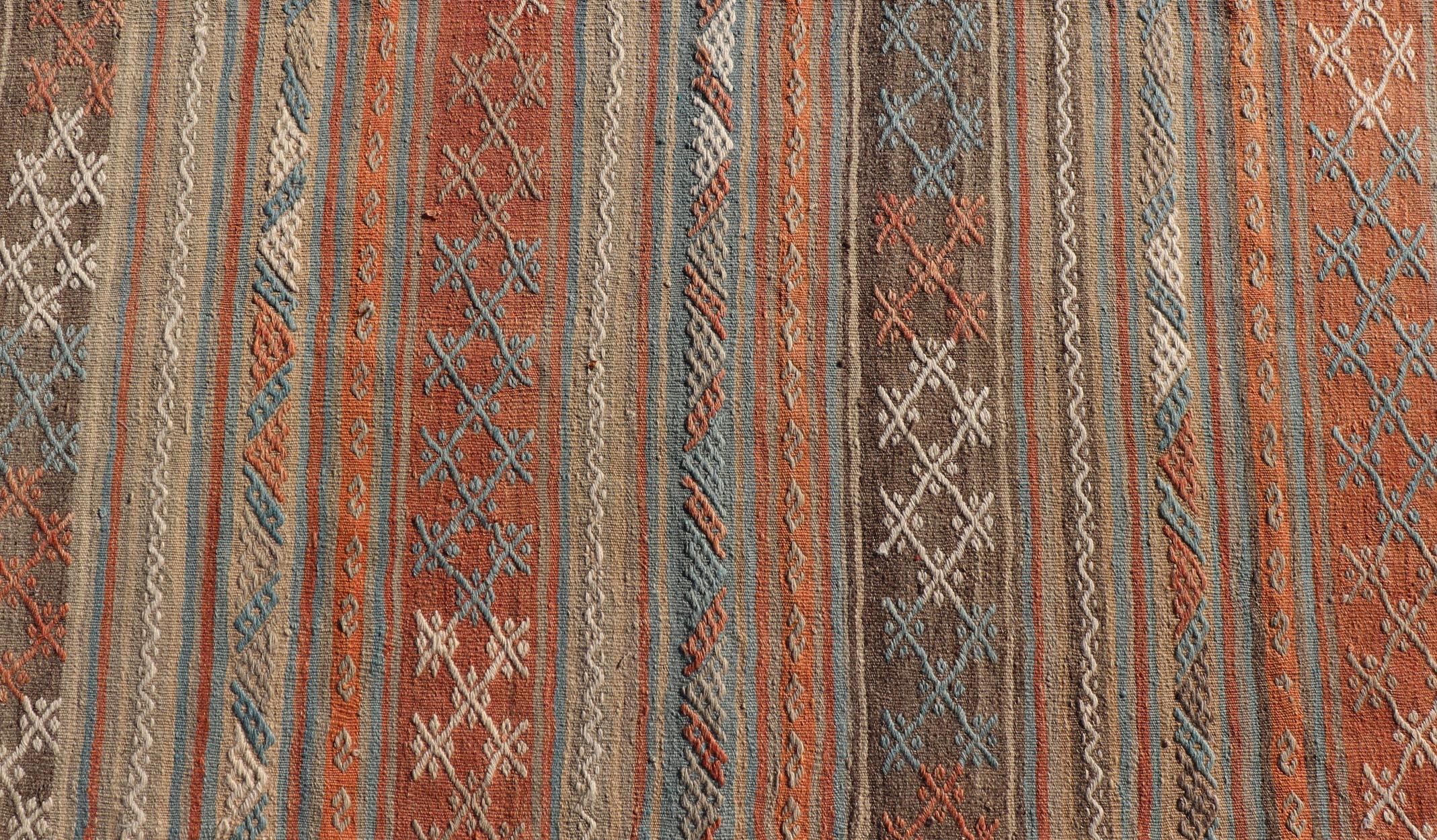 Hand-Woven Turkish Vintage Kilim Runner with Horizontal Stripes in Bright Tones For Sale