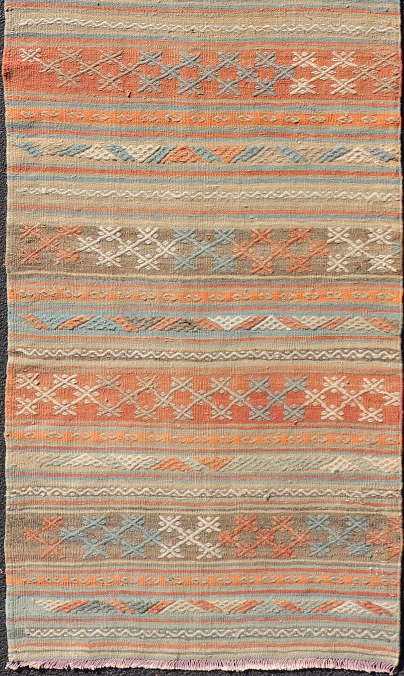 Turkish Vintage Kilim Runner with Horizontal Stripes in Bright Tones For Sale 1