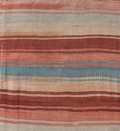 Turkish Vintage Kilim Runner with Rust, Blue and Ivory Striped Design