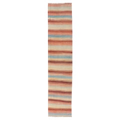 Turkish Vintage Kilim Runner with Rust, Blue and Ivory Striped Design